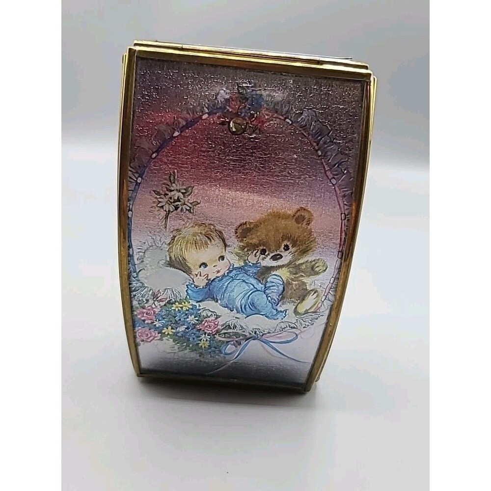 Vintage Vermont Boy Teddy Bear Brass & Glass Trinket Jewelry Music Box
